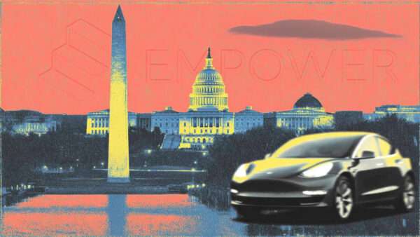 Illustration of a car beside the reflecting pool in Washington, D.C. | Illustration: Eddie Marshall | Midjourney