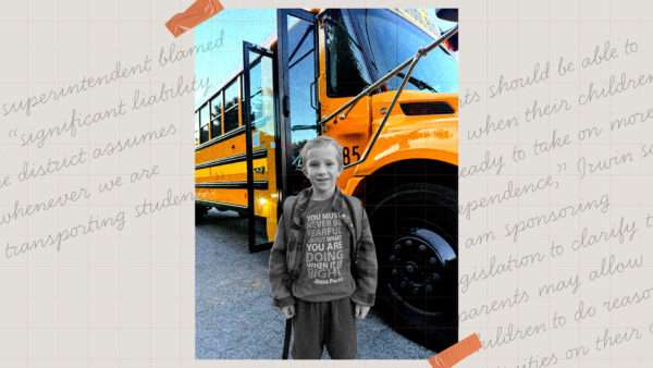 A vertical image of a boy, in black and white, stands in front of a yellow school bus with its doors open. Surrounding the vertical photo on left and right are handwritten words from the article. | Illustration: Eddie Marshall | Photo: Courtesy Tali Smith