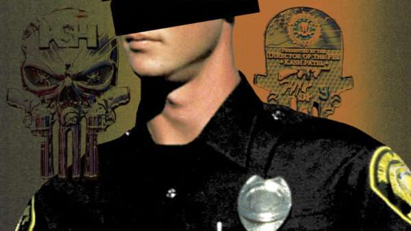 A police officer pictured with Punisher challenge coins | Photo: Ken Dilanian | Illustration: Eddie Marshall | Midjourney