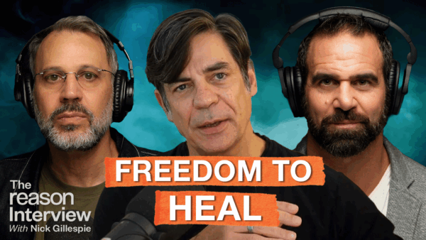 Filmmaker Jon Shenk appears on the left, host Nick Gillespie is in the center speaking into a microphone, and former Navy SEAL Marcus Capone is on the right. All three wear headphones against a dark teal background. Bold orange text across the center reads “FREEDOM TO HEAL.” | Illustration: Eddie Marshall