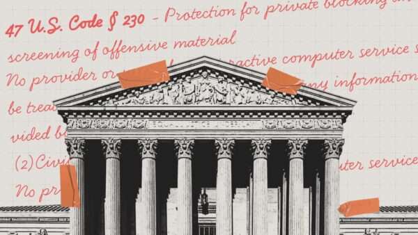 The U.S. Supreme Court building, with the text of Section 230 of the Communications Decency Act in the background. | Illustration : Adani Samat