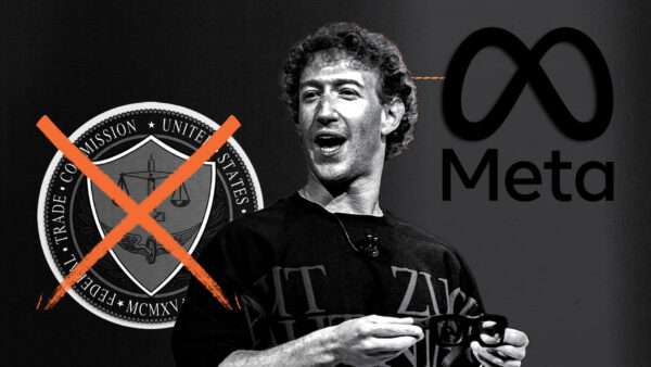 Illustration of Mark Zuckerberg between a crossed out FTC logo and a Meta logo | Illustration: Eddie Marshall | Andrej Sokolow | dpa | picture-alliance | Newscom