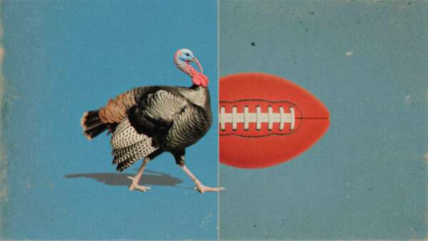 A side image of a turkey next to a football, viewed from above, with both in front of a blue background. | Illustration: Eddie Marshall | Midjourney