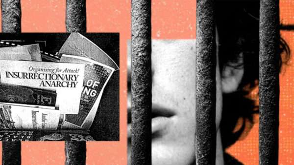 An illustration of a face behind prison bars, next to images of various zines | Illustration: Eddie Marshall | Midjourney | Immigration and Customs Enforcement