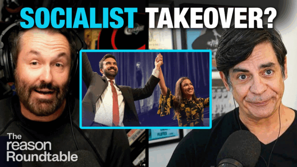 Peter Suderman appears on the left, speaking into a microphone. Nick Gillespie is on the right, with a surprised expression. In the center, Zohran Mamdani and Representative Alexandria Ocasio-Cortez stand onstage, smiling and holding hands raised in the air. Large turquoise and white text at the top reads “SOCIALIST TAKEOVER?” | Illustration: Eddie Marshall