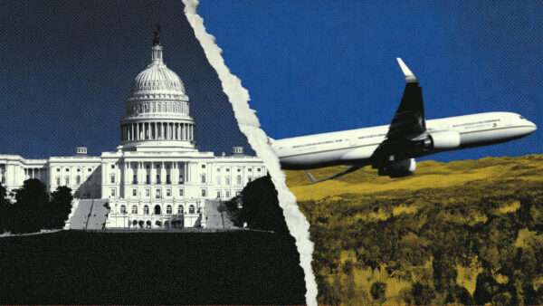 The U.S. Capitol Building on the left, an airplane flying on the right | Illustration: Eddie Marshall | Midjourney