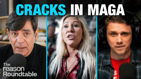Nick Gillespie is on the left with a surprised expression speaking into a microphone. Representative Marjorie Taylor Green is in the center. Eric Boehm is on the right. Large text that reads “CRACKS IN MAGA” appears overhead. | Illustration: Eddie Marshall