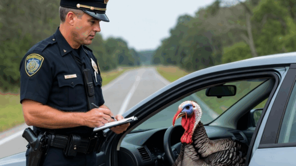 A police stands next to a car with its door open, writing a ticket, as a turkey sits in the driver's seat | Grok