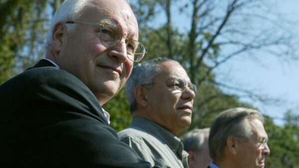 United States Vice President Dick Cheney, Secretary of State Colin Powell and Secretary of Defense Donald Rumsfeld listen to United States President George W. Bush and President Vladimir Putin of Russia speak during a news conference September 27, 2003 at Camp David, Maryland. | Mark Wilson/picture alliance / Consolidated News Photos/Newscom