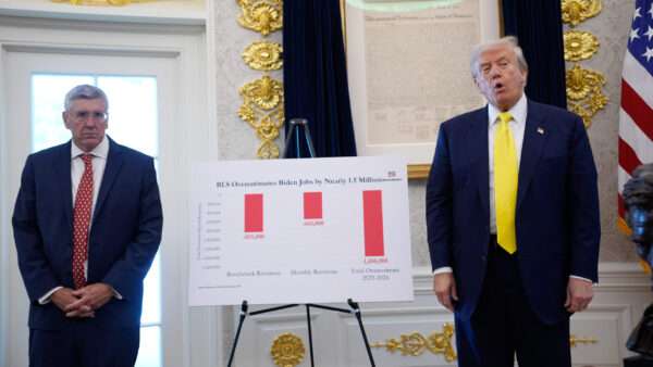 President Donald Trump stands in the Oval Office next to a bar graph with three red lines on an easel. Economist Stephen Moore is standing on the opposite side of the graph. | Yuri Gripas - Pool via CNP/CNP / Polaris/Newscom