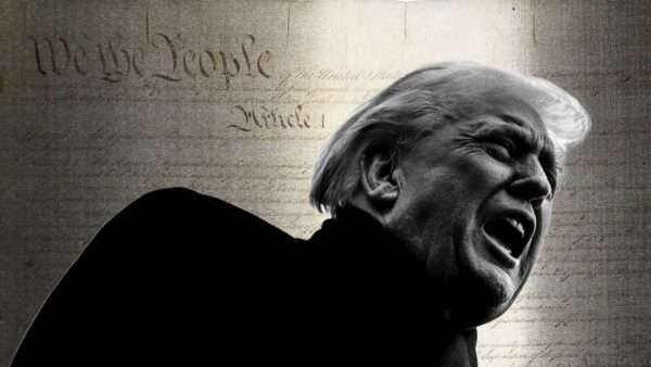 Donald Trump, with an image of the Constitution behind him | Illustration: Eddie Marshall | Samuel Corum | via CNP | Polaris | Newscom