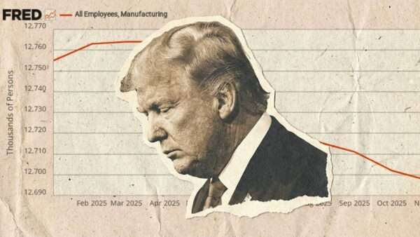 Illustration of President Donald Trump looking disappointed in front of a graph of declining manufacturing employment | Illustration: Eddie Marshall | Nano Banana