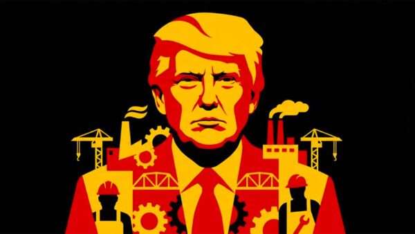 President Donald Trump, with historical socialist imagery of workers and factories | Illustration: Eddie Marshall | Nano Banana