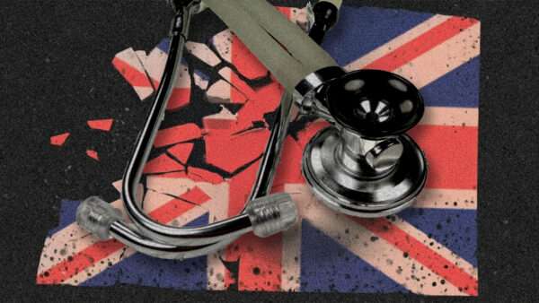Against a black background, an image of the British flag crumbling, with a stethoscope on top of it. | Illustration: Eddie Marshall | Chad Mcdermott | Dreamstime.com | Midjourney