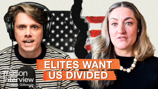 Eric Boehm is on the left and Lauren Hall is on the right, with a torn American flag in the background. Text across the image reads “ELITES WANT US DIVIDED.” | Illustration: Eddie Marshall