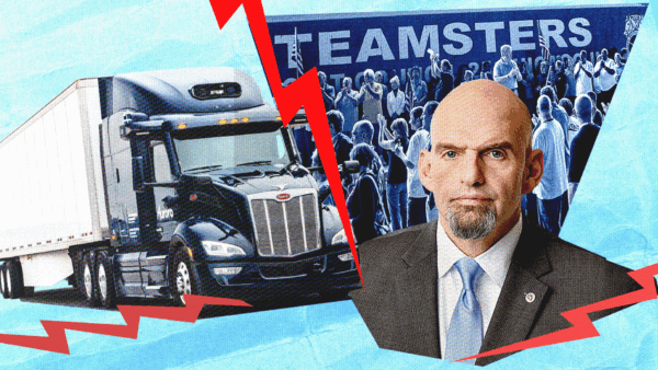 Illustration of an autonomous truck next to a Teamsters Union protest and Sen. John Fetterman (D–Pa.) | Illustration: Adani Samat Photo: Rob Jacob