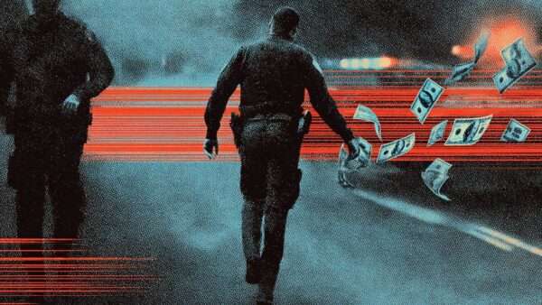 Cash rains down on uniformed police officers | Illustration: Eddie Marshall | Midjourney