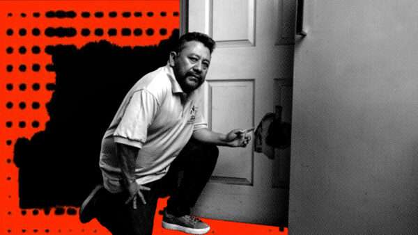 Carlos Pena at his printing shop after it was destroyed by LAPD | Illustration: Eddie Marshall | Midjourney