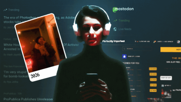 woman wearing headphones with a background of internet feeds | Illustration: Midjourney