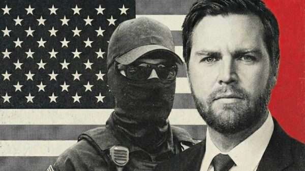 J.D. Vance, with a masked ICE agent and the U.S. flag behind him | Illustration: Eddie Marshall | Nano Banana