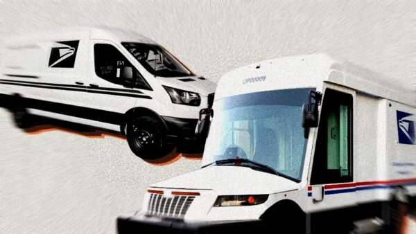 Illustration of a Ford eTransit and an electric Next Generation Delivery Vehicle made by Oshkosh Defense | Illustration: Eddie Marshall | Reddit | USPS
