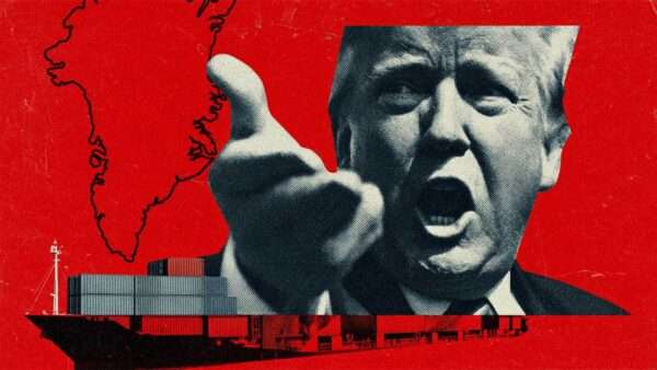 A red and black map of Greenland and a container ship with a black and white image of Trump in the foreground | Illustration: Eddie Marshall | Midjourney