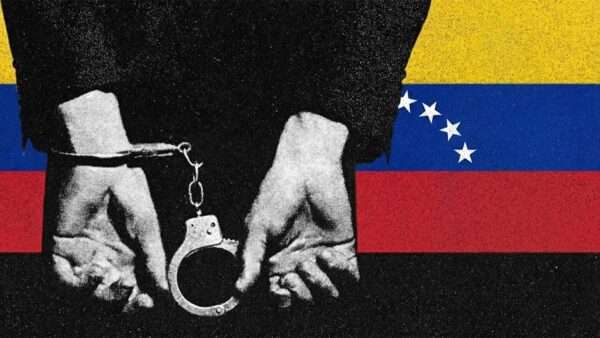 The back of a handcuffed person, in front of the Venezuelan flag | Illustration: Eddie Marshall | Nano Banana