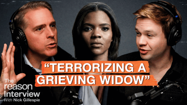 Scott Jennings is on the left and Billy Binion is on the right, with Candace Owens shown in the center background. Text across the image reads “TERRORIZING A GRIEVING WIDOW.” | Illustration: Eddie Marshall