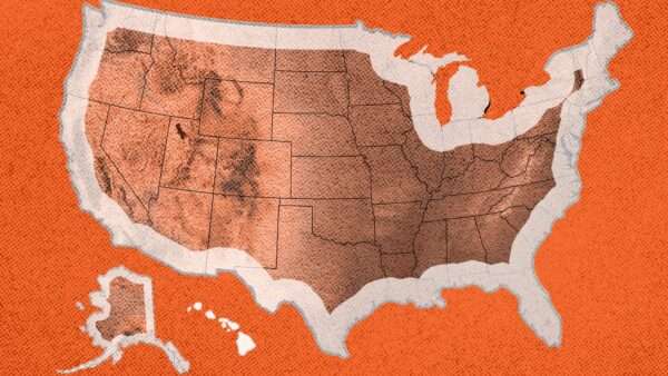 A map of the United States, with the 100-mile border patrol zone indicated. | Illustration: Adani Samat, Photo: Mledbetter24/Dreamstime