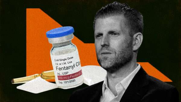 Eric Trump against a backdrop of a chart showing a downward trend and a bottle of fentanyl pills | Illustration: Sherry Young/Dreamstime/Wikimedia Commons/Midjourney
