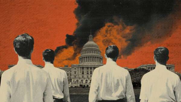 Smoke rises over the U.S. Capitol as several white-collar workers walk away from the viewer. | Illustration: Olivier Le Queinec/Dreamstime/Midjourney