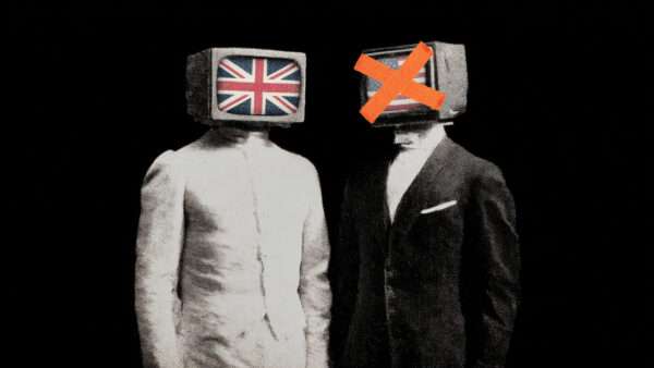 Against a black background, a body of a person wearing all white whose head is replaced by a TV set showing the British flag, next to the body of someone wearing a dark suit whose head is replaced by a TV set showing the American flag with orange tape over it. | Illustration: Midjourney