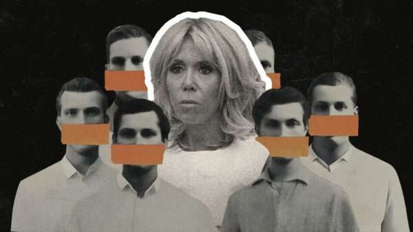 Illustration of Brigitte Macron surrounded by muzzled people | Illustration: Vasilis Ververidis | Dreamstime | Midjourney