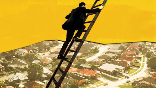A man climbs a ladder over a suburban, middle-class neighborhood | Illustration: Adani Samat/Midjourney