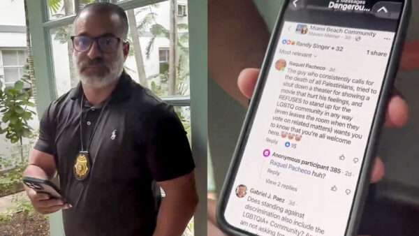 Miami beach detective on the left, a phone screen showing comments on the right | Villgecrazylady/X