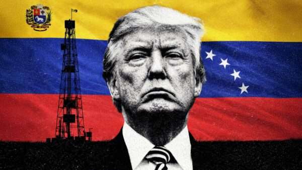 President Donald Trump, the Venezuelan flag, and an oil crude tower. | Illustration: Eddie Marshall | Midjourney