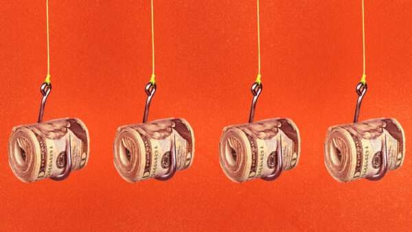 Rolled up dollar bills on fishhooks | Envato