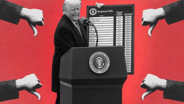 Illustration of downward thumbs and President Donald Trump holding up his reciprocal tariff chart | Credit: Andrew Leyden/ZUMAPRESS/Newscom/Midjourney