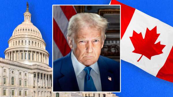 A portrait of Donald Trump alongside the U.S. Capital and a Candian flag | Credit: Envato/Wikimedia Commons