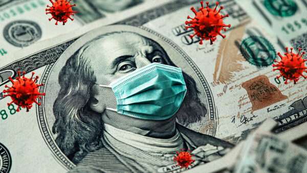 A medical mask and virus images around Ben Franklin on the $100 bill | Illustration: Midjourney
