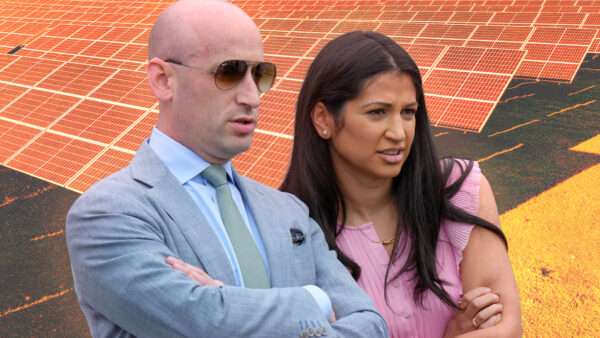 Stephen Miller and Katie Miller and an array of solar panels | Illustration: Andrew Leyden/ZUMAPRESS/Newscom/Envato