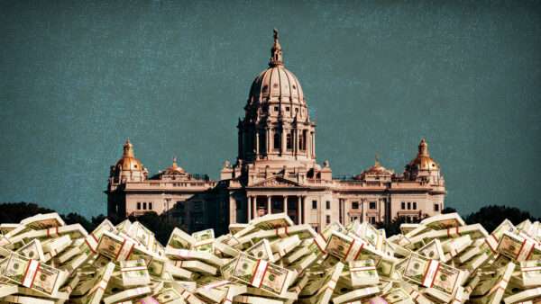 An illustration of the Minnesota Capitol with a pile of bundled currency $50 bills in front of it | Illustration: Midjourney/Digitalstormcinema/Dreamstime
