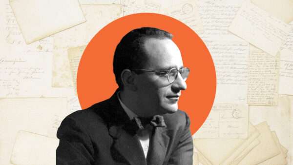 Murray Rothbard in front of some writings | Illustration:  The Ludwig von Mises Institute/Liligraphie/Dreamstime