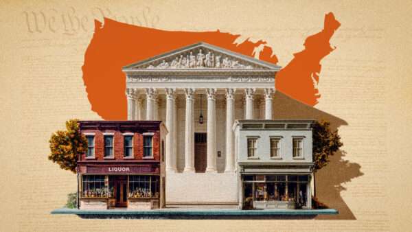 A map of the United States, with the US Supreme Court and liquor stores in front. | Illustration: Onur Ersin/Dreamstime/Midjourney