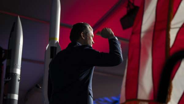 Secretary of War Pete Hegseth delivers remarks to L3Harris employees as part of his Arsenal of Freedom Tour, Camden, Ark., Feb. 27, 2026. (POLARIS) | Polaris/Newscom