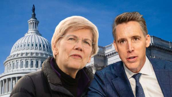 Illustration of Sens. Elizabeth Warren and Josh Hawley in front of the Capitol. | Illustration: Robwilson39/Dreamstime/Andrew Thomas - CNP / MEGA / Newscom/RSSIL/Gent Shkullaku/ZUMAPRESS/Newscom