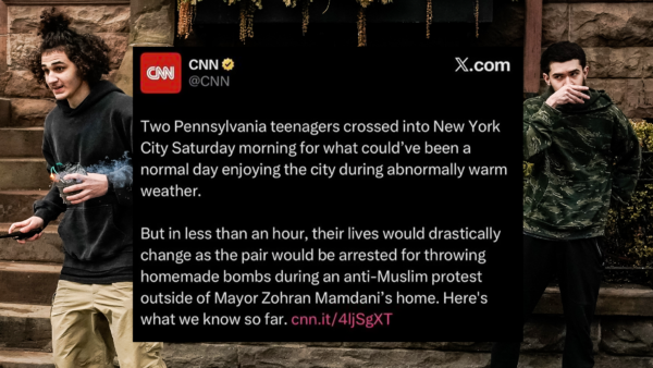 Two boys stand in the background with a CNN post on X in the foreground | Derek French/ZUMAPRESS/Newscom