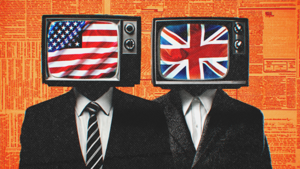 Two men in suits, each with televisions for heads. One TV shows the U.S. flag, the other shows the U.K flag | Adani Samat/Midjourney