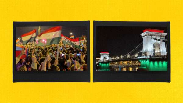 Against a yellow backdrop are two photos: on the left is a large group of people with a few waving Hungarian flags, on the right is the Széchenyi Chain Bridge lit up in the colors of the Hungarian flag. | Tom Palmer