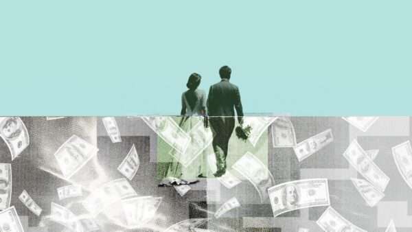A married couple walk into the distance as cash falls underneath them | Illustration: Lex Villena; Midjourney